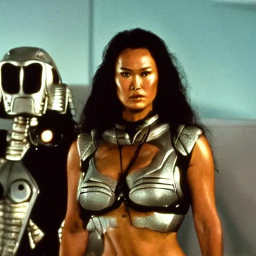 Prompt: movie still, 1 9 8 0 s, tia carrere as armored alien hunter, hyperdetailed, by ridley scott, john carpenter and vittorio storaro, blue leds