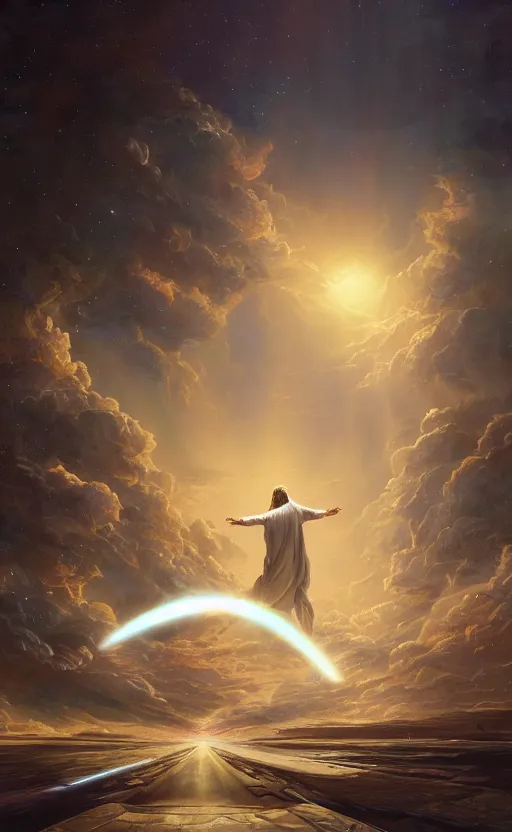 Image similar to jesus looking into a portal hopping and time warping with reckless abandon, surrounded by UFO and aliens, dramatic scene, masterpiece digital painting by Greg Rutkowski, Alex Grey, artstation, 4k wallpaper