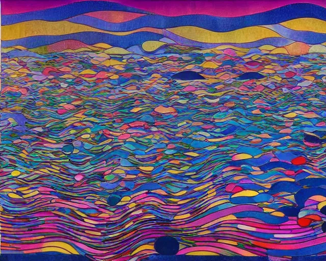 Prompt: Ocean waves in a psychedelic dream world. Wayne Thiebaud. Takashi Murakami. Paul Klee. Minimalist.