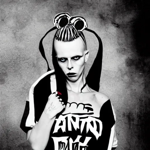 Image similar to die antwoord yolandi portrait, back and white, zef design graffiti in the background, dark lighting, digital art