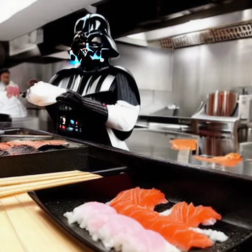 Image similar to darth vader making sushi behind a counter at a sushi restaurant