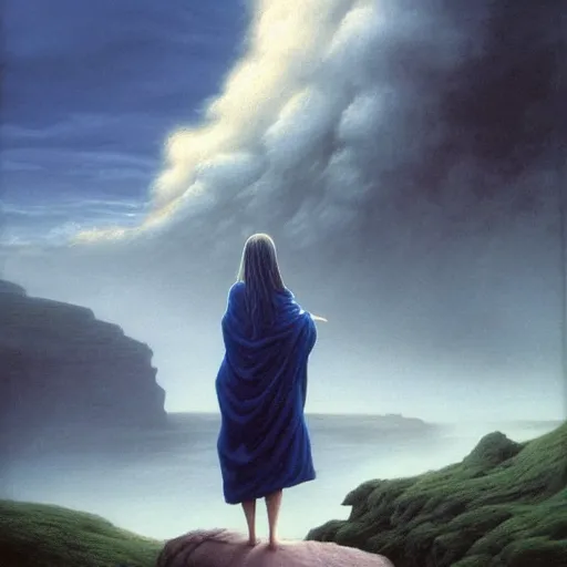 Image similar to a hyperrealistic painting of a beautiful woman with flowing robes standing on the edge of a tall cliff, blue skies, swirling clouds, by john kenn mortensen and zdzislaw beksinski, highly detailed, vivid color,