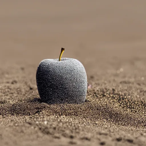 Image similar to A plastic apple in a exposure room exploding into thousands of grey sand pieces flying in all directions, the grey sand pieces leave a gray sand trail, 40nm lens, shallow depth of field, split lighting, 4k,