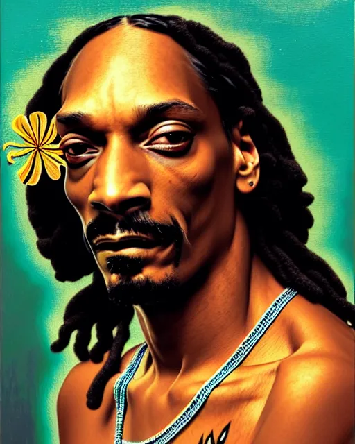 Prompt: closeup portrait snoop dogg, wearing a flower bikini, beautiful siren succubus, intricate, beautiful flowers, hyperrealism, intense, dmt, artgerm, moebius, glamour pose, arney freytag, greg rutkowski, maxfield parrish, dan mumford, moebius, alphonse mucha