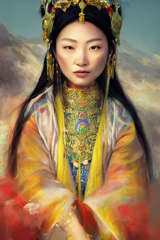 Image similar to Tibetan princess, gorgeous, close-up portrait, intricate, elegant, volumetric lighting, scenery, digital painting, highly detailed, artstation, sharp focus, illustration, concept art, ruan jia, steve mccurry