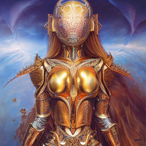 Image similar to a beautiful symmetrical body wearing an armor made of golden ornaments and gems by alex gray and android jones , Karol Bak, Ayami Kojima, Amano , 3D, 8k resolution