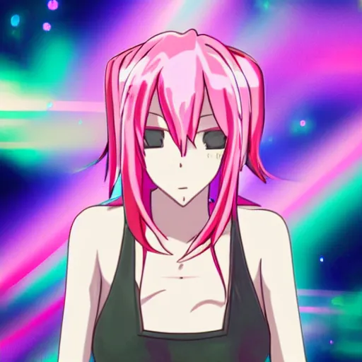 Image similar to pink haired woman in the anime style crossing her arms across her chest, motion blur, holography,