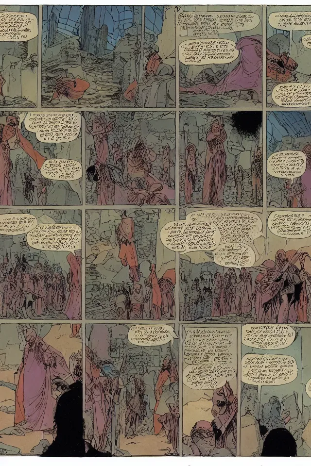 Prompt: comicpage with panels and speech balloon by Moebius showing the fall of the city of Babylon