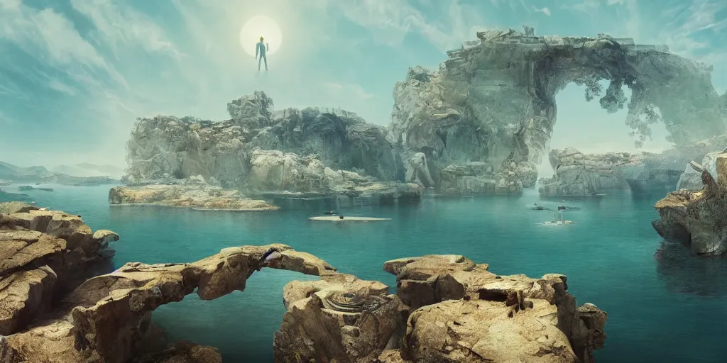 Prompt: artgem and Beeple masterpiece, hyperrealistic surrealism, scifi wide angle landscape in California, award winning masterpiece with incredible details, epic stunning, infinity pool, a surreal liminal space, highly detailed, trending on ArtStation, calming, meditative, surreal, sharp details, dreamscape, giant gold head statue ruins, crystal clear water