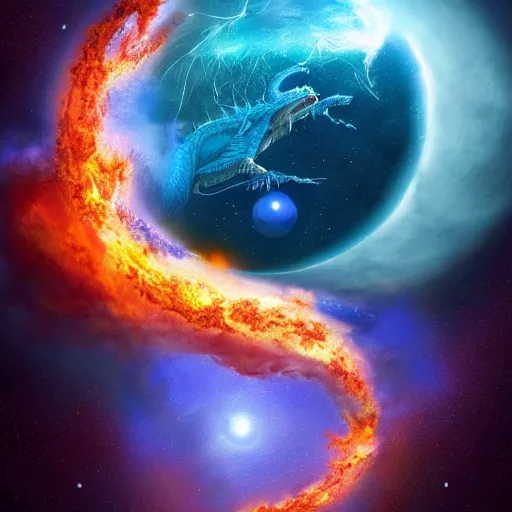 Prompt: Gigantic blue scaled dragon devouring an earth like planet while flying in space, sun system, nebula, digital art, by Carles Dalmau