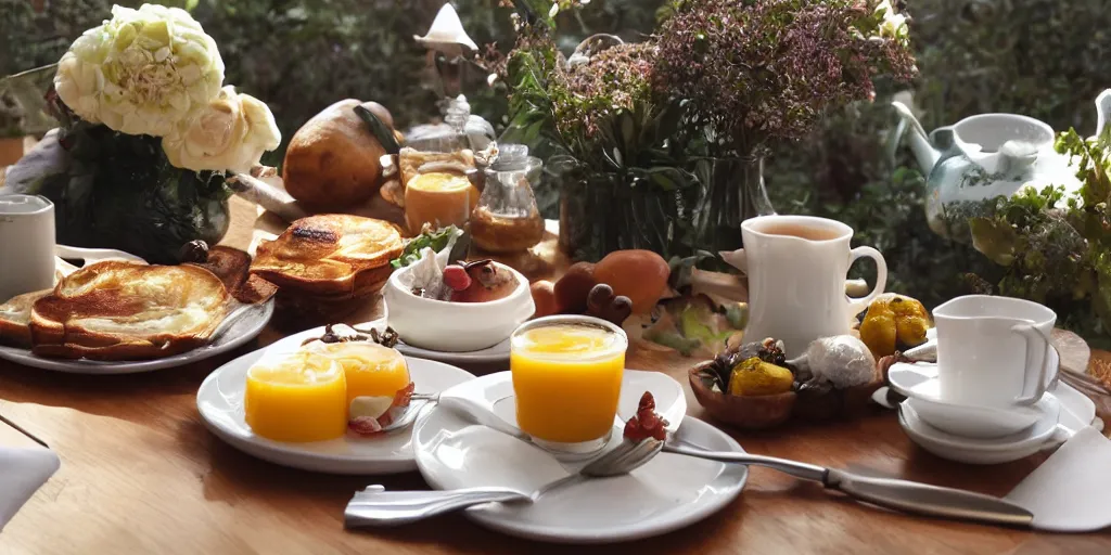 Image similar to a table with a delicious breakfast, morning light