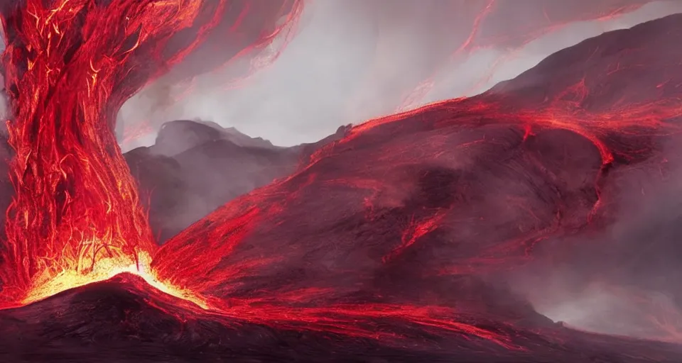 Image similar to a volcano made of ivory vines and crimson rocks enters in eruption, it spits a smoke in the shape of demonic eye, by Disney Concept Artists