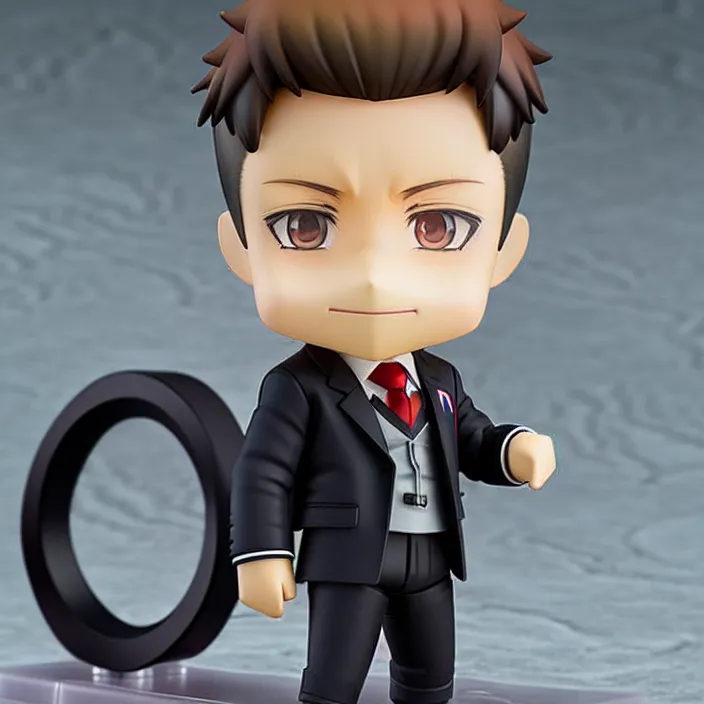 Image similar to a anime nendoroid of elon musk wear giorgio armani suits and black shoe, car tesla 3, figurine, smile, product photo, detailed