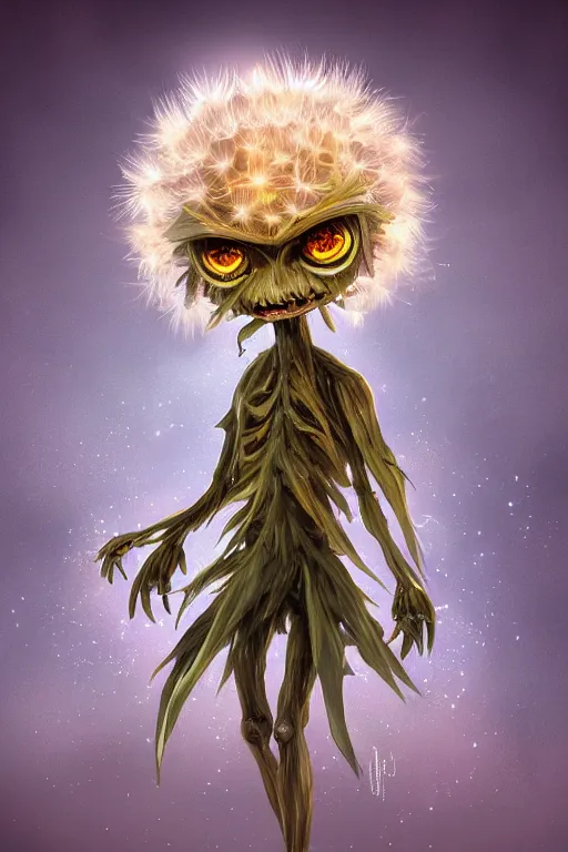 Image similar to a glowing humanoid figure dandelion monster with large eyes, highly detailed, digital art, sharp focus, trending on art station, artichoke, anime art style