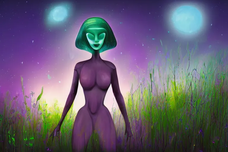 Image similar to a digital painting of a extraterrestrial alien female that's lost in a meadow, tall plants, purple lighting, night sky, glows, moonlight,