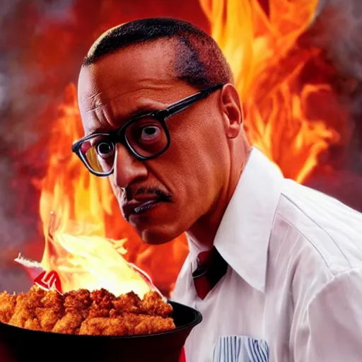 Image similar to Gustavo Fring sets fire to a KFC restaurant