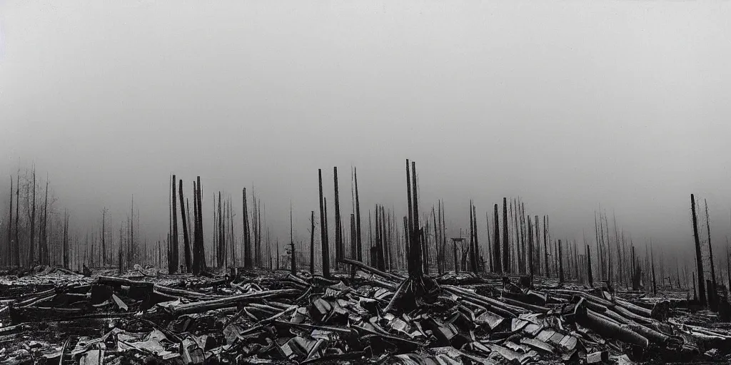 Prompt: industrial city destroying nature, 1 9 2 0 s spirit portrait photography, smoking chimneys, burning trees, cleared dead foggy death forest, huge industrial buildings, eerie, dark, by william hope