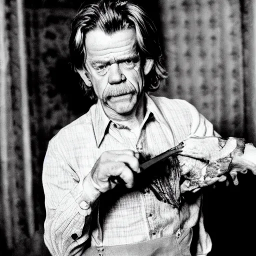 Image similar to William H Macy carving a turkey with a knife during Christmas