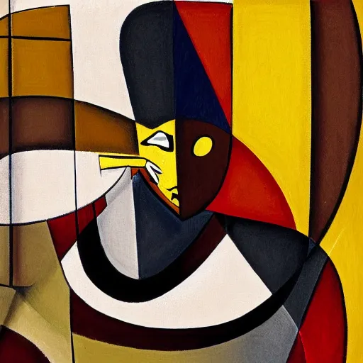 Image similar to A vividly detailed wide angle cubism painting of a illusory women sitting on an almost depthless flat chair with an African mask on her face looking angry, muted browns, yellows and blacks, digital art