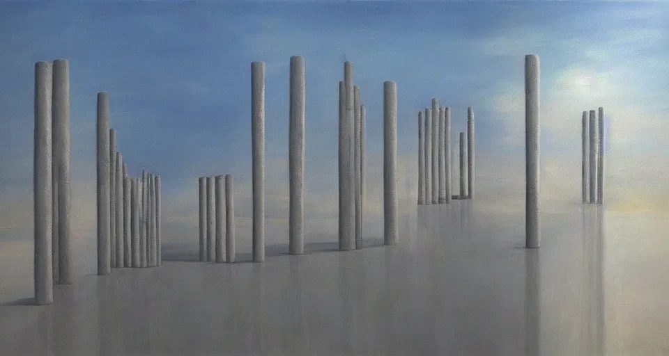 Image similar to world of only concrete, a flat endless plane of concrete covered in thin, very tall concrete pillars talk enough to go above the frame that go on to the horizon, open sky, blue sky with clouds, god rays, beautiful painting, oil on canvas, by Ewa Czarniecka, award winning masterpiece,