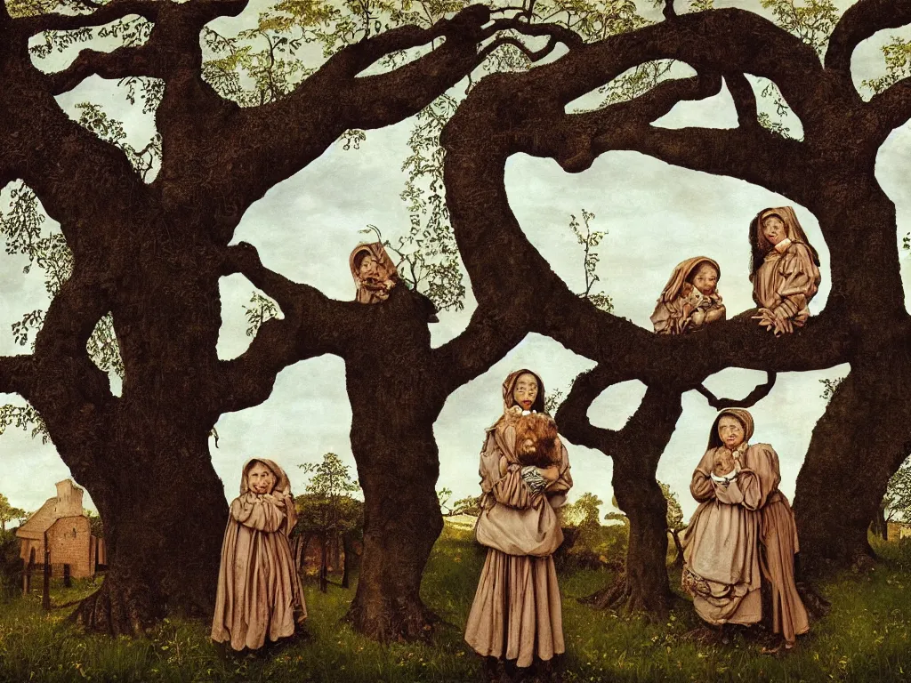 Prompt: Portrait of two Siamese twins near a crooked old oak. Painting by Lucas Cranach, Steve McCurry.