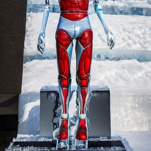 Image similar to made of ice, a realistic detailed photo of a guy who is an attractive humanoid who is half robot and half humanoid, who is a male android, on display, blank stare, showing off his muscles, shiny skin, posing like a statue, by the pool, frozen ice statue, f 1 driver pierre gasly, humanoid robot