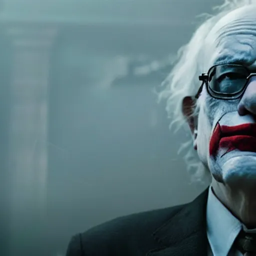 Image similar to stunning awe inspiring ( bernie sanders ) playing the joker movie still 8 k hdr atmospheric lighting, raining