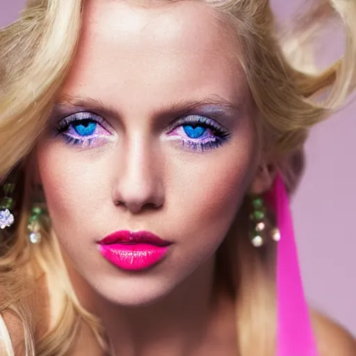 Image similar to close up headshot of a princess with long blonde hair and light blue eyes wearing a strapless elaborately beaded pink dress, high resolution film still, 8k, HDR color, film by Simon Langton and David Frankel, triangular face, round narrow chin, straight jawline, light pink lipstick