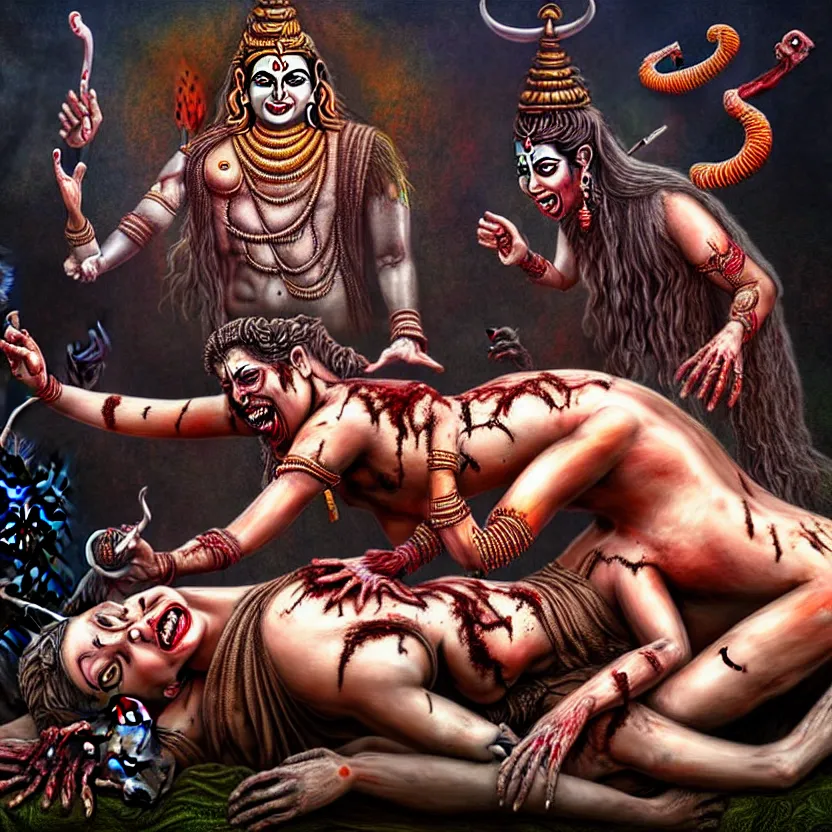 Image similar to kali with her tongue sticking out standing over the corpse of shiva, digital art, hyperrealistic nightmare scene, supernatural, highly detailed, creepy, terrifying