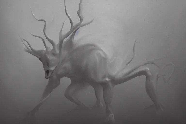 Image similar to ultra realist soft painting of a single creature so scary one glance is enough to drive a man insane, very intricate details, ultra dense fog, golden ratio, volumetric black and white lighting, reflections, refractions, symmetry accurate anatomy features, unreal render