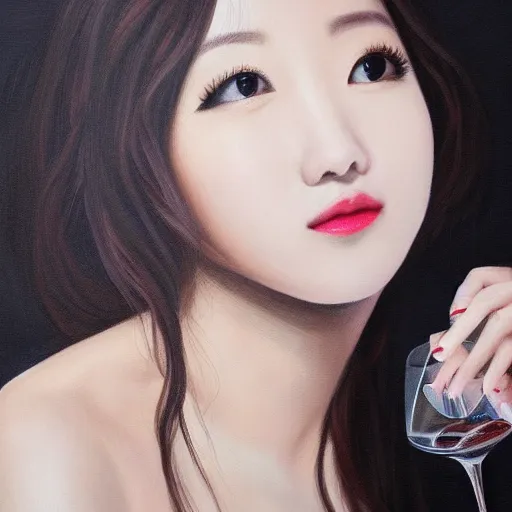 Prompt: Realistic painting of Mina from Twice, drinking champagne, side profile, intricate detail, realistic face, digital art, 4k, realism