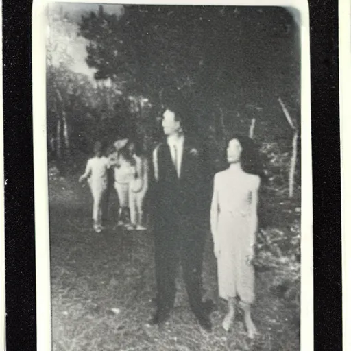 Image similar to polaroid photograph of horrorific extraterrestrial beings visiting earth, 1 9 5 0