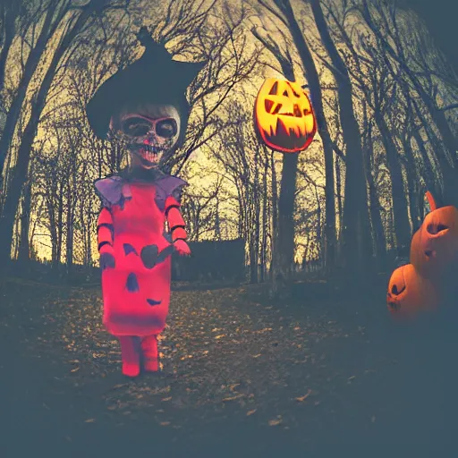 Prompt: A selfie of a woman trick or treating with a demon, fisheye lens photography, with a spooky filter applied, with a figure in the background, in a Halloween style.