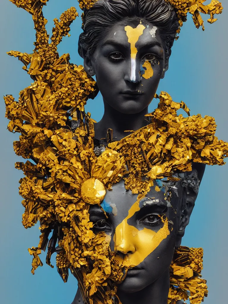 Prompt: symmetrical fractured dark obsidian greek statue of eastasian female beauty, yellow gemstones spikes, crystallic sunflowers, lightblue acrylic paintdrip and magenta tar, repaired with kintsugi, rendered in octane trending on cgsociety. extremely detailed and intricate art, corruption, sleek