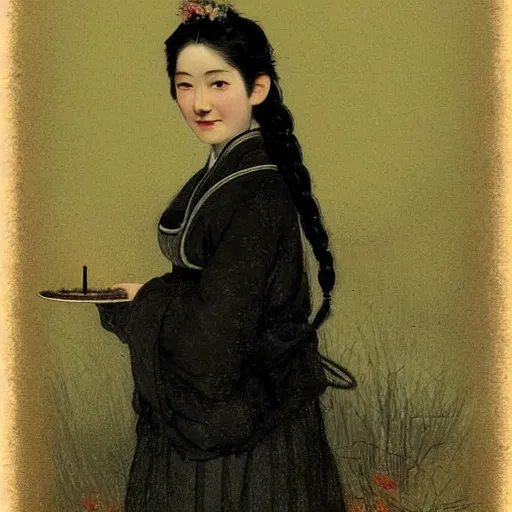 Prompt: a (sadly) (((smiling)))) black haired, young hungarian servantmaid from the 19th century who looks very similar to ((Lee Young Ae)) with a two french braids, detailed, soft focus, candle light, pastel, character concept art by Itō Jakuchu, Csók István, John Everett Millais, Henry Meynell Rheam, Munkácsy, Csók István, and da Vinci