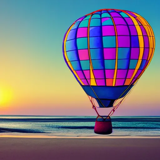 Prompt: a futuristic hot air balloon floats over a beach at violet and yellow sunset, whimsical and psychedelic art style