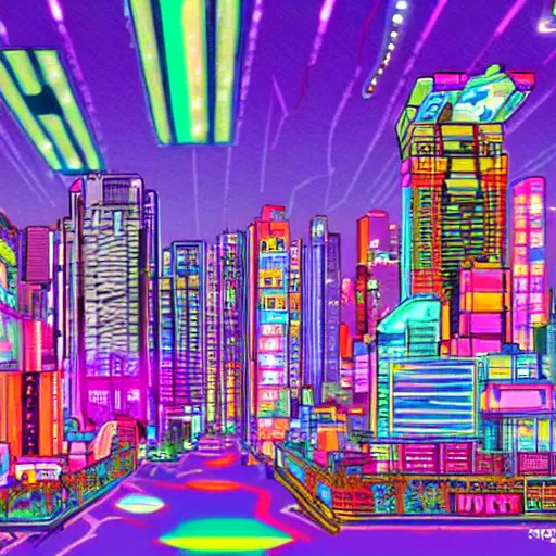 Prompt: A cyberpunk city in the style of Lisa Frank