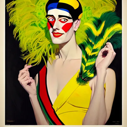 Image similar to art by joshua middleton, a medium shot portrait of the golden creeper, a tall manically smiling yellow - skinned woman with green and black striped cycling shorts and wearing a long red and black striped ostrich feather boa, yellow makeup, mucha, kandinsky, poster, art deco motifs, comic art, stylised design, scarlet feather boa