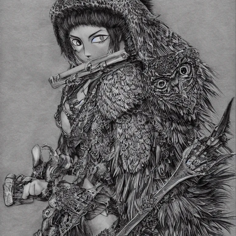 Prompt: young owl goddess, realistic proportions, sharp focus, beautiful face, in feather armor, wielding an owl axe, symmetrical, highly detailed, engraving kentaro miura manga art style trending on artstation 8 k