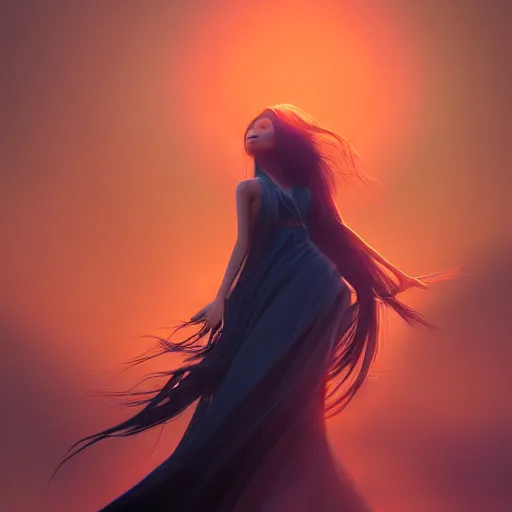 Prompt: a thin, pretty young Filipino woman with long hair floats dramatically in the air in a dreamy world in the distance, her face is in shadow, very beautiful, inspiring, hopeful, dramatic lighting, abstract digital art, trending on artstation