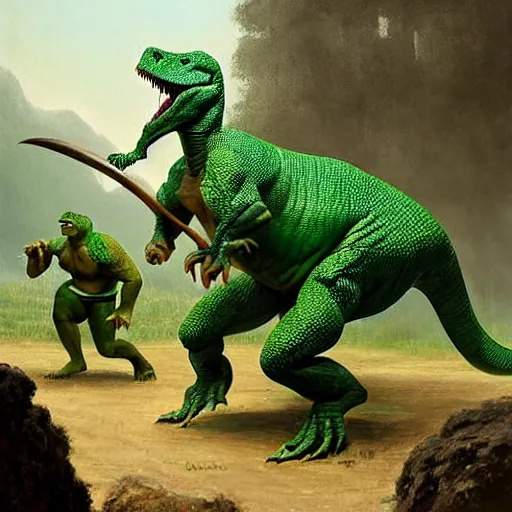 Image similar to A green scaly dinosaur! fighting with several realistic detailed cavemen with proportioned bodies, the cavemen are armed with spears, the caveman are in a fighting stance, the cavemen are wearing animal furs, coarse canvas, visible brushstrokes, intricate, extremely detailed painting by Greg Rutkowski