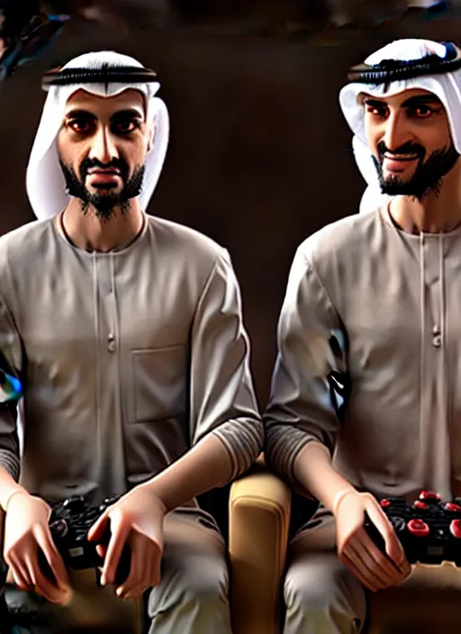 Image similar to portrait, twins playing video games, togther sheik mohammad ruler of dubai, controller, hyperdetailed illustration by irakli nadar and alexandre ferra, unreal engine 5 highly rendered, detailed and intricate environment