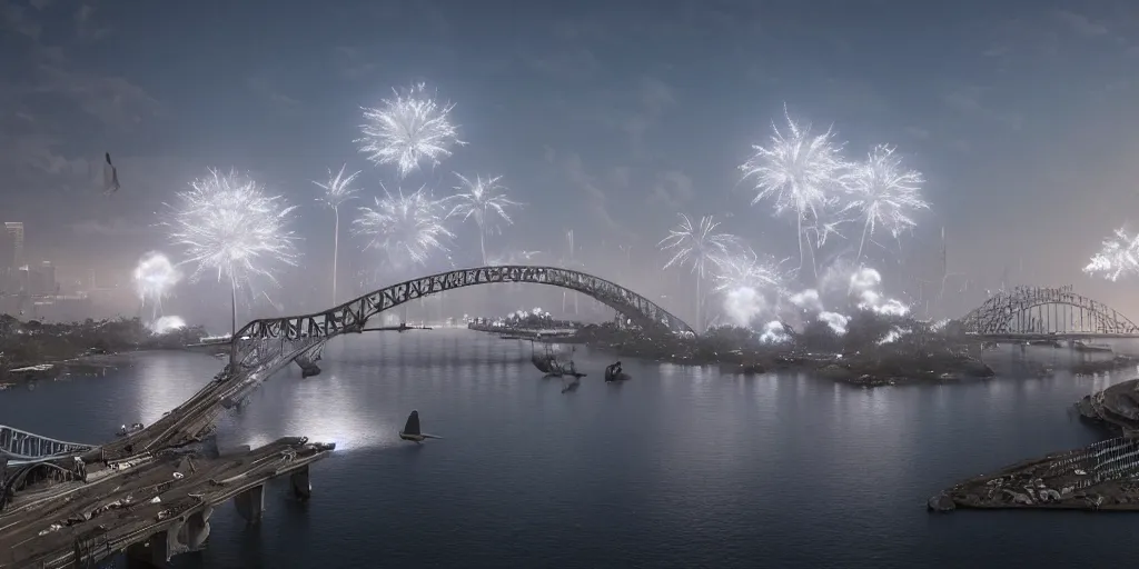 Image similar to explosions in the form of realistic white cotton plants on harbour bridge, huge white cotton everywhere on the destroyed harbour bridge, smooth, sharp focus, highly detailed, 3 d octane render, epic lighting, lots of white cotton, 8 k, by greg rutkowski and artgerm