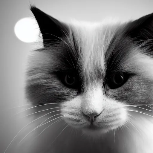 Image similar to fluffy black and white cat portrait, white cheeks, aesthetic highly detailed soft fur and paws, professionally shot photorealistic 8k photograph, 35mm Canon EOS R3, rendered in octane, by Natalie Große and Jason Allison