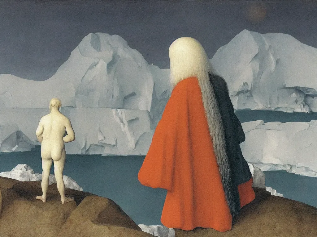 Prompt: albino mystic, with his back turned, looking at a snowstorm over the iceberg in the distance. Painting by Jan van Eyck, Audubon, Rene Magritte, Agnes Pelton, Max Ernst, Walton Ford