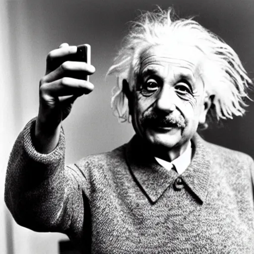 Prompt: Albert Einstein take selfie with his new iPhone