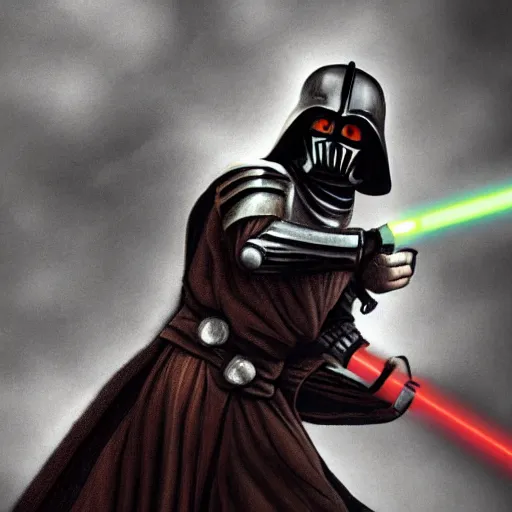 Prompt: A medieval knight wielding a lightsaber, photorealistic, gloomy