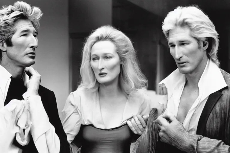 Prompt: richard gere and meryl streep play two vampires, scene from film