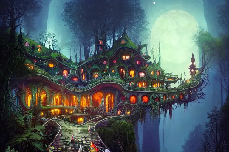 Prompt: mansion from hundertwasser and gaudi in a deep mystical forest with huge bridge, mushrooms and dense exotic vegetation, floating lampoons, tall people walking and discussing, dynamic lighting, art by peter mohrbacher on artstation, dense night sky with moon and stars