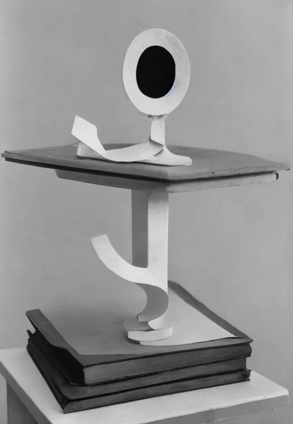 Image similar to a white object with writing on it sitting on a table, a surrealist sculpture by marcel duchamp, archival pigment print, 1 9 1 4, conceptual art, artwork, academic art, surrealist